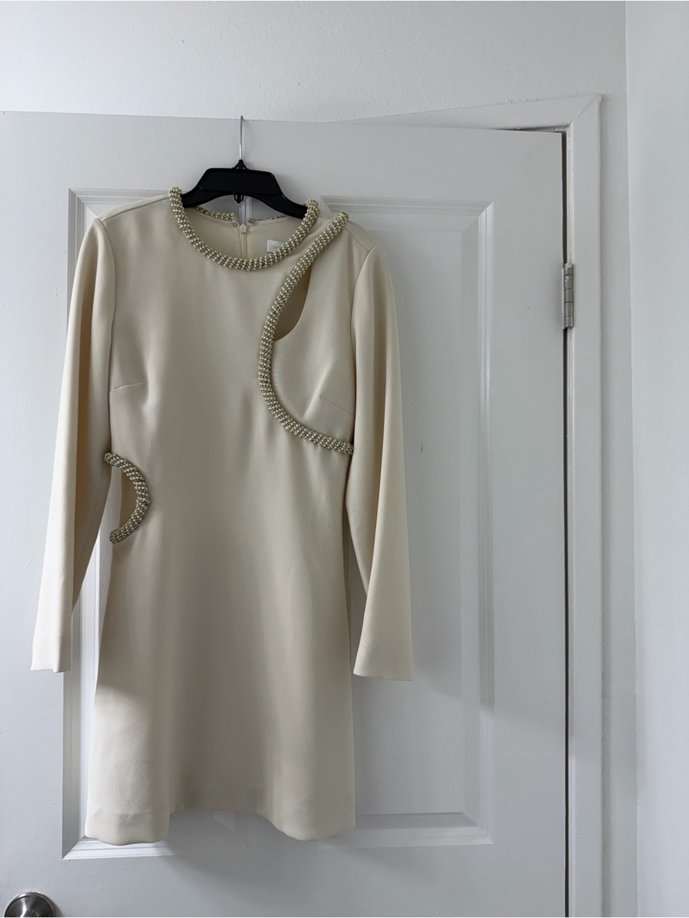 Jonathan Simkhai Cream Long-Sleeve Shift Dress with Pearl Embellishment